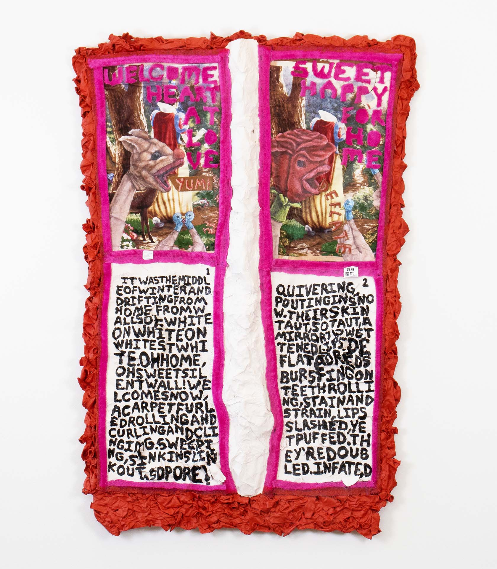 Lee Sullivan, Deflate!, Acrylic and Latex Paint, Cloth, Balloon, Wood, and Found Objects, 48“ x 31“, 2021.