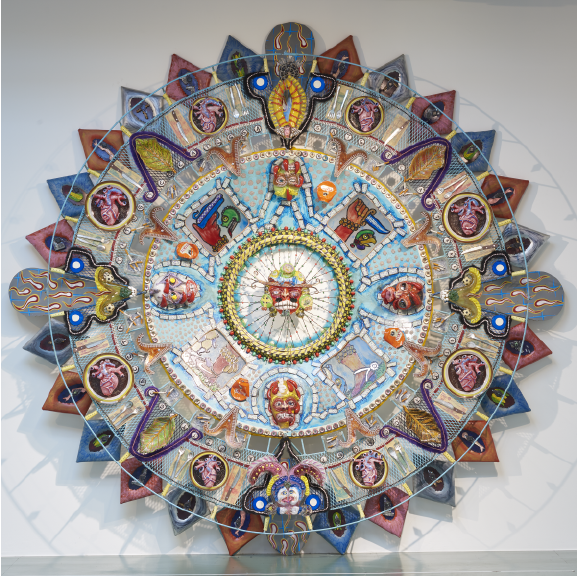 Oxymodern (Aztec Calendar) by Einar and Jamex de la Torre, 2002 (Courtesy of the Cheech Marin Collection and Riverside Art Museum), blown-glass, mixed-media wall installation, 120x120x12 in